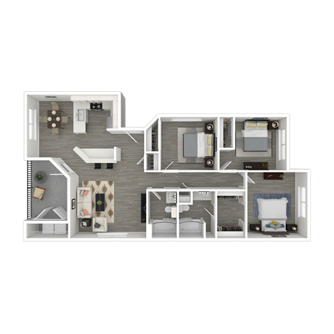 three bedroom two bath 3D floorplan image of home furnished. at The Legacy Apartments, California, 95843